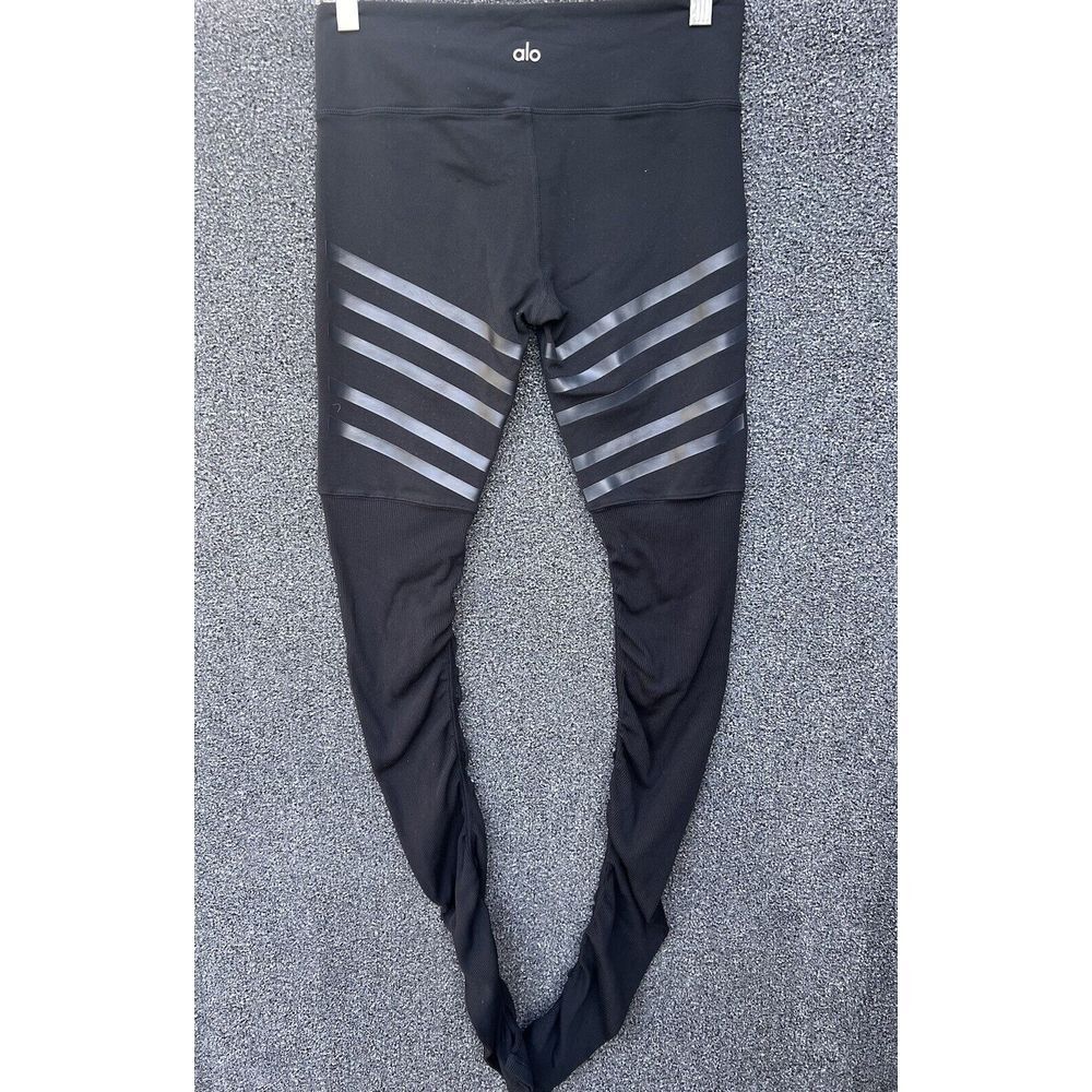 Alo Yoga Stripped Goddess Leggings Women Size M Black Gray Workout - Picture 3 of 5